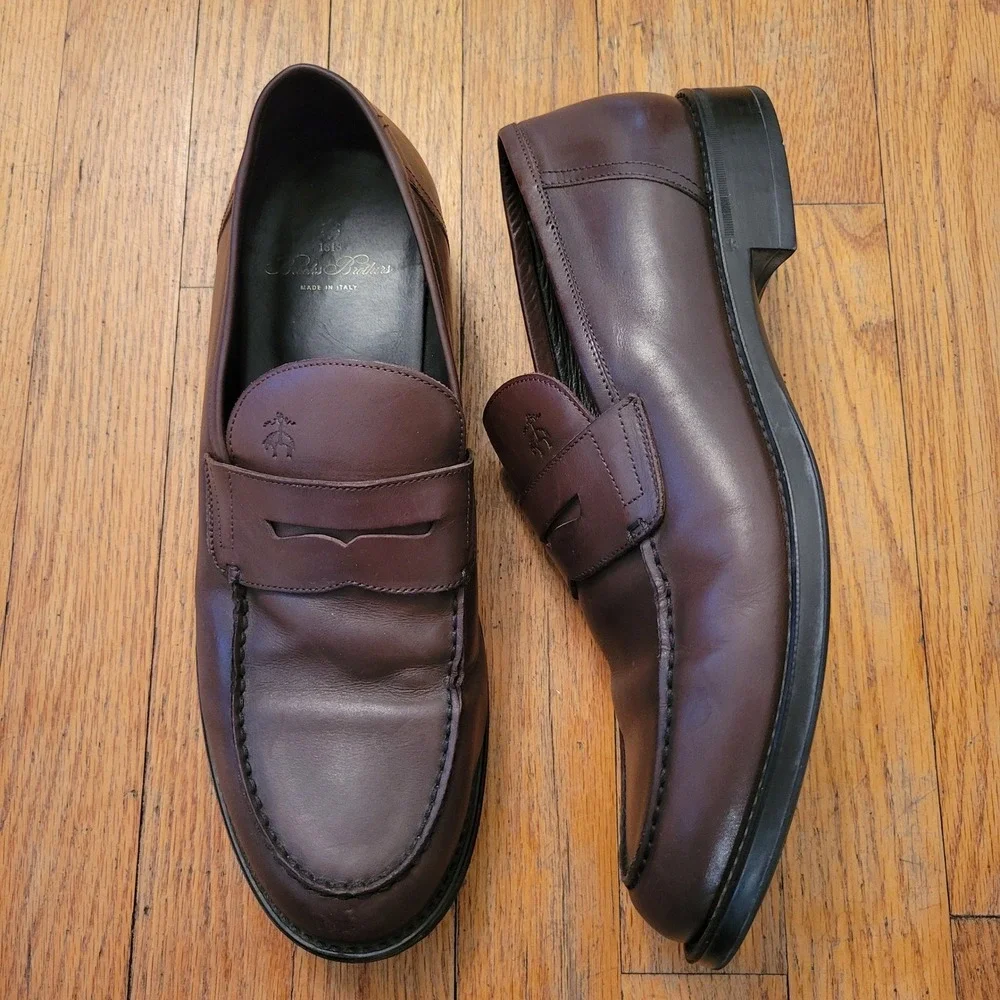 1818 Brooks Brothers 10.5 Penny Loafers Brown Leather Italy Dark Academia Preppy